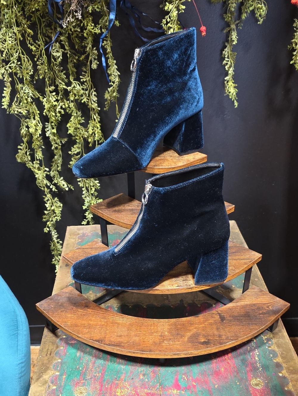 Zara Velvet Navy/ Deep Turquoise  Front-Zip Ankle Booties